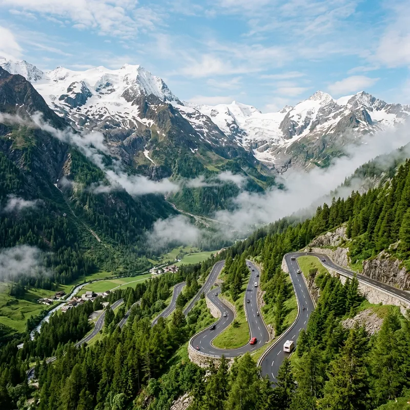 Serpentine Mountain Road Ascending Amidst Alpine Splendor Serpentine Mountain Road Ascending Amidst Alpine Splendor