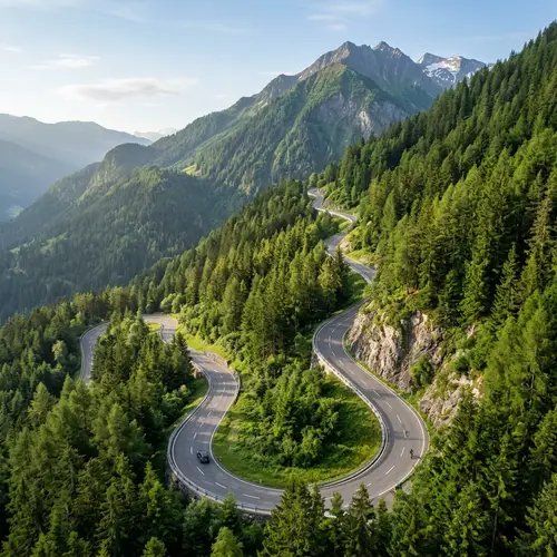 Ascending Mountain Road Through Lush Pine Forest