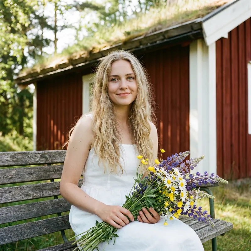 Photorealistic Image of Girl with Blonde Hair and Gray-Green Eyes Sitting in Front of Scandinavian Cottage Photorealistic Image of Girl with Blonde Hair and Gray-Green Eyes Sitting in Front of Scandinavian Cottage
