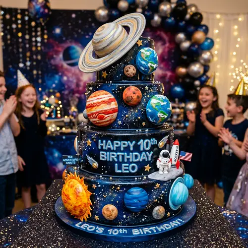 Galactic Birthday Cake with Mars, Jupiter, & Saturn Planets