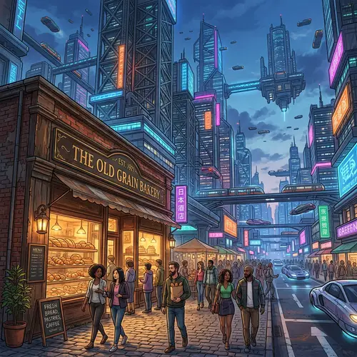 Vintage Bakery in Futuristic Cityscape - Contradiction Illustration