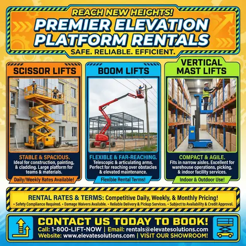 Eye-Catching Elevation Platforms Rental Flyer | For Construction & Warehouses