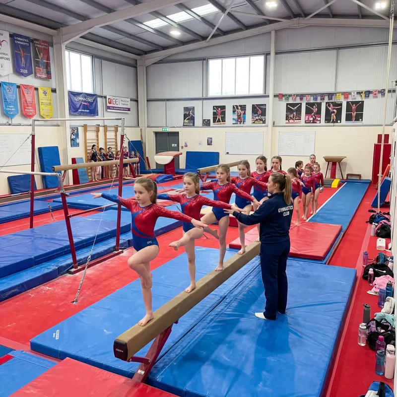 Young Girls Gymnastics Class in Red and Blue Leotards Young Girls Gymnastics Class in Red and Blue Leotards