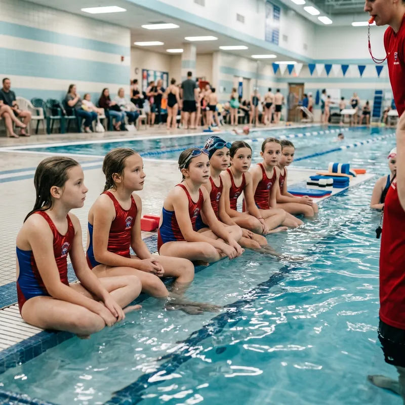 Girls' Swimming Practice in Metallic Red Swimsuits