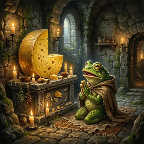 Cheese Worship - Whimsical Frog Character Praying to Oversized Cheese