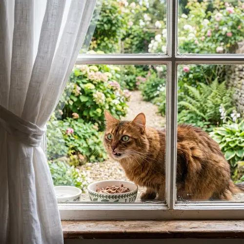 Cute Auburn-Colored Cat Enjoying Meal by Garden View