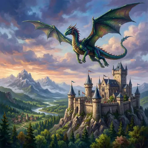 Majestic Dragon Soaring Over Medieval Castle - Fantasy Art