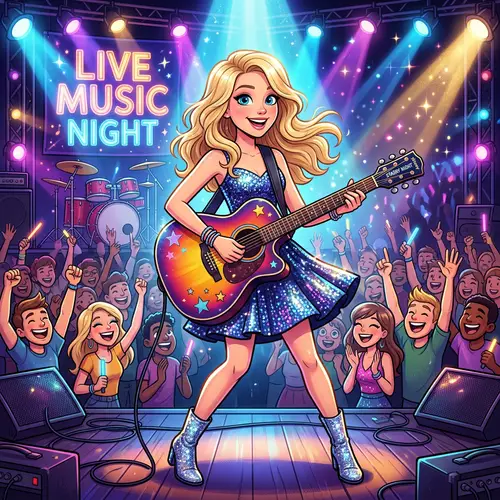 Cartoon Woman with Guitar On Stage | Sparkly Dress & Blonde Hair