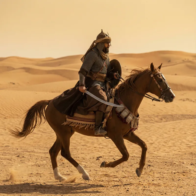 Muslim Warrior on Horseback in Desert Landscape