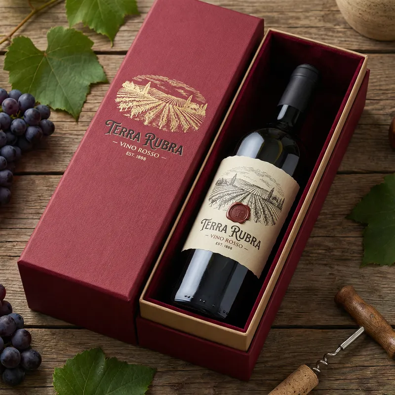 Elegant Red Wine Bottle & Box Package Design