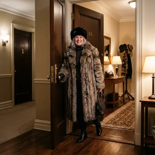 50-Year-Old Woman in Raccoon Fur Coat Enters Apartment