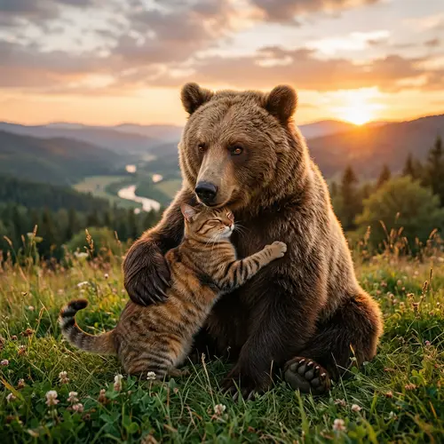 Heartwarming Embrace: Cat and Bear Bonding Moment