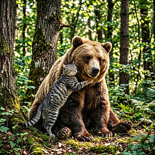 Cute Domestic Feline Hugs Grizzly Bear in Woods | Unusual Camaraderie
