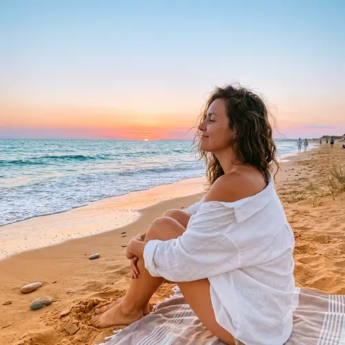 Tranquil Beach Scene with Person Showing Shoulder