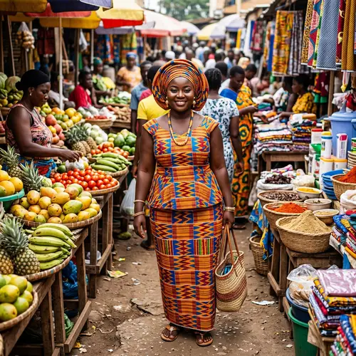 Young Dark Ghanaian Woman in Traditional Attire at Local Market