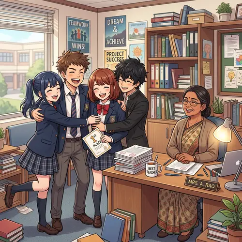 Anime School Students Celebrate Success in Group Hug