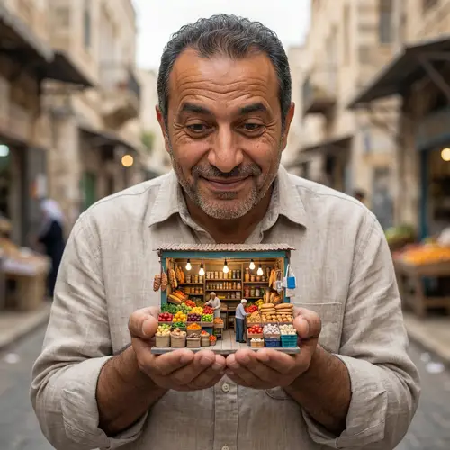 Intriguing Perspective: Middle-Eastern Man Holding Miniature Shop