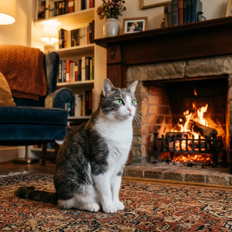 Curious Cat in Cozy Living Room Curious Cat in Cozy Living Room