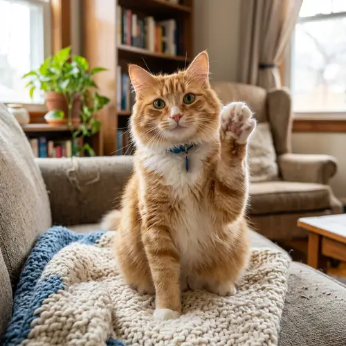 Happy Cat Waving | Cheerful Feline with Paw Raised