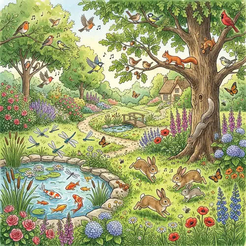 Lush Animal Garden: Birds, Rabbits, Fishes & Squirrels