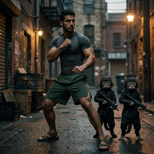 Muscular Middle-Eastern Man in Defensive Pose with Ninja Cats