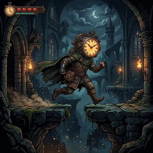 2D Mystical Medieval Platformer Game with Clock Head Character