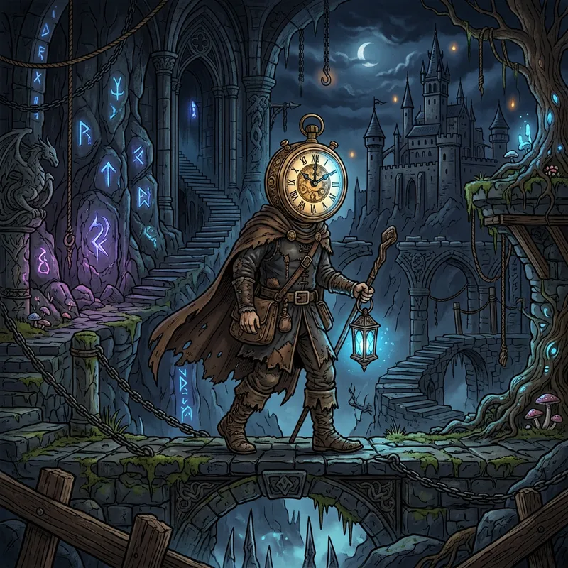 Mystical Medieval Platformer Game with Clock Head Character - Dark Atmosphere Mystical Medieval Platformer Game with Clock Head Character - Dark Atmosphere