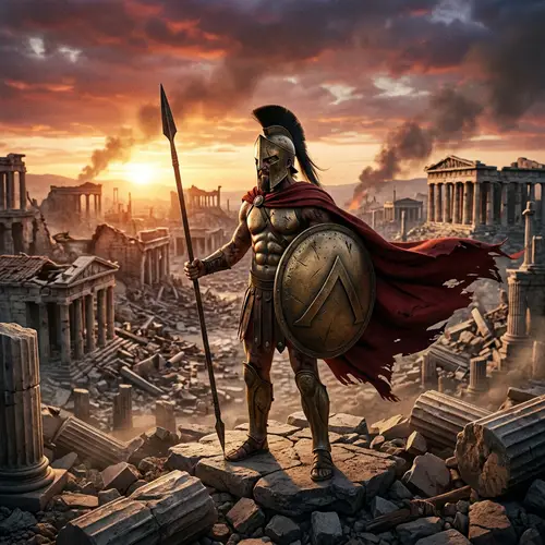 Spartan Warrior in Desolate City Ruins | Haunting Scene