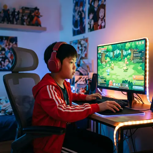 Immerse in Non-Violent Gaming World with Asian Boy - RPG Lights