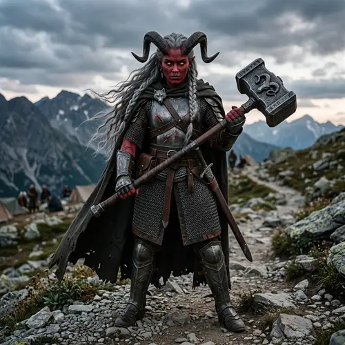 Tiefling Woman Warrior | Red Skin, Gray Hair, Gold Eyes