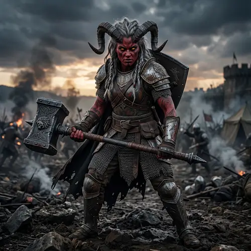 Female Tiefling Warrior with Hammer and Chain Mail
