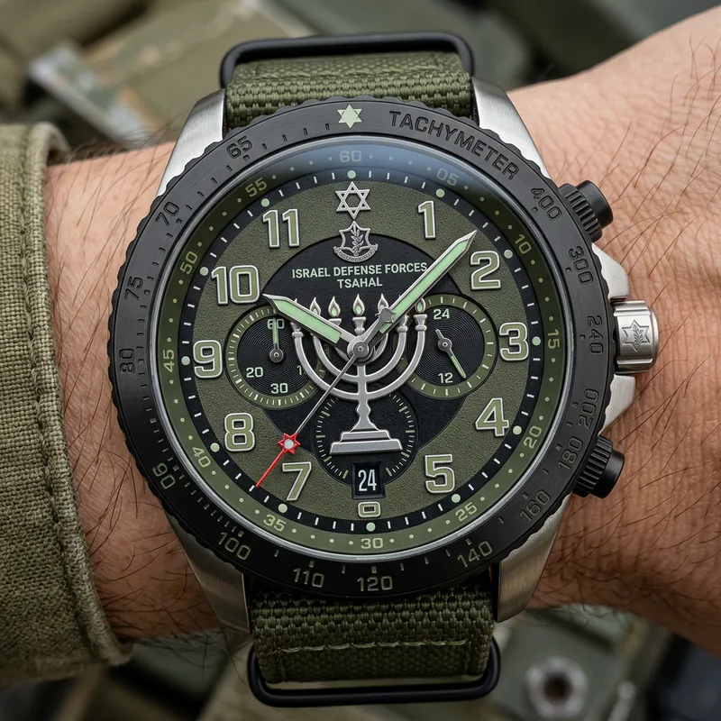 Israel Military Menorah Watch Face | Army Green & Silver Israel Military Menorah Watch Face | Army Green & Silver
