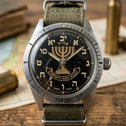 Vintage Israeli Military Watch Face with Menorah Symbol