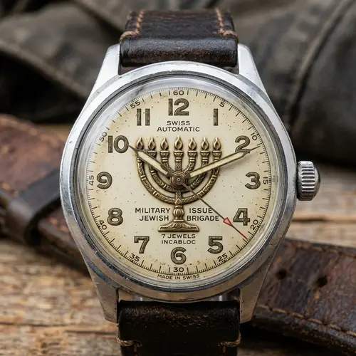 Vintage Military Watch Face with Menorah Symbol