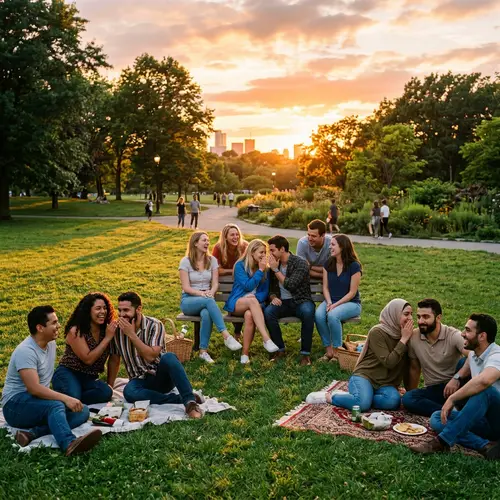Diverse Friend Groups Enjoying Park Amidst Hidden Hypocrisy