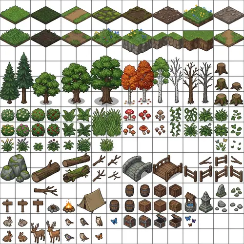 Isometric Pixel Art Tile Sheet for Forest Props
