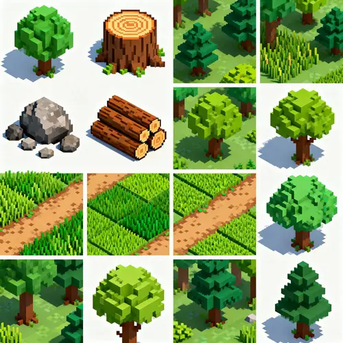 Isometric Pixel Art Tile Sheet for Forest Props
