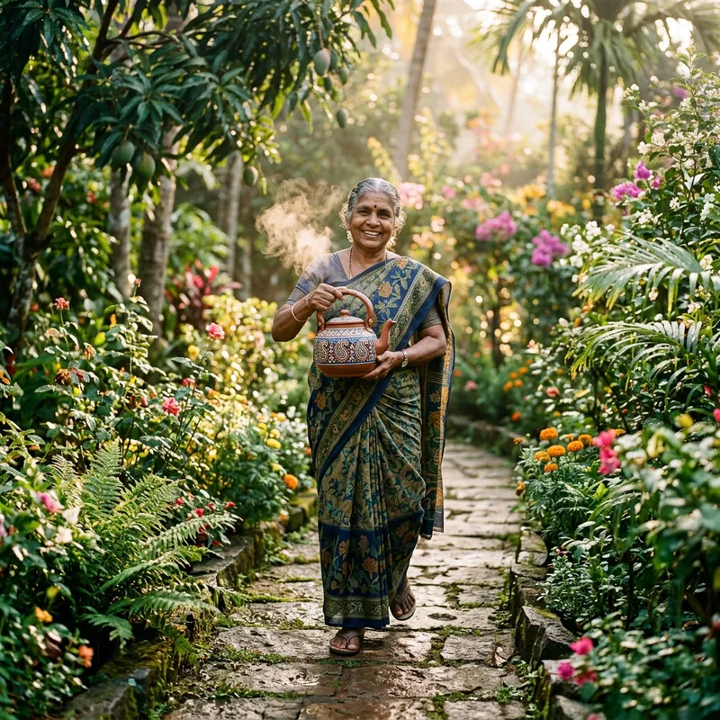 Elderly Woman Serving Tea in Enchanting Garden Setting