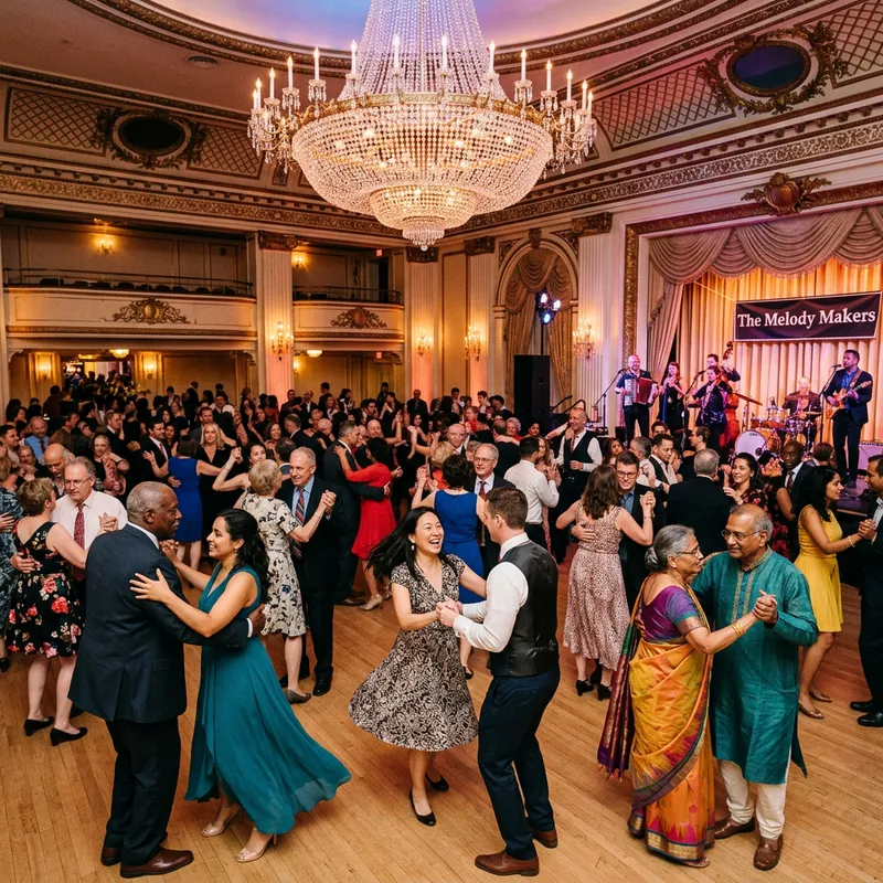 Energetic Ballroom - Diverse Couples Dancing to Baile Beats Energetic Ballroom - Diverse Couples Dancing to Baile Beats