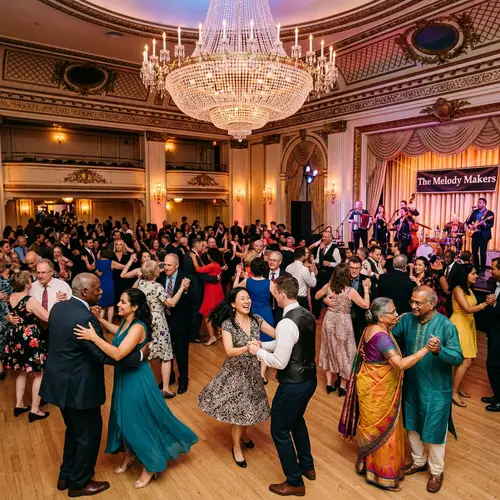 Energetic Dance Scene in Grand Ballroom: Diverse Couples Swirling