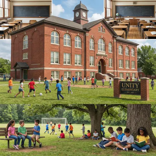 Diverse School Environment with Brick Building and Playground