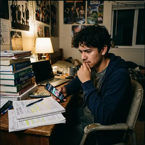 Young Hispanic Teenager Juggling Social Media and Academic Worries