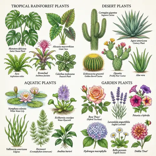 Diverse Plant Illustration: Tropical, Desert, Aquatic & Garden Plants