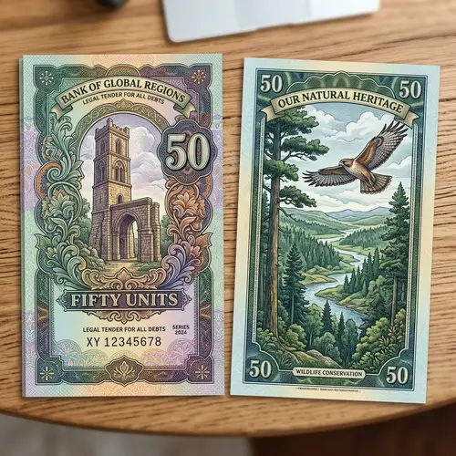 Intricate Banknote Design with Historic Monument and Wildlife Scene