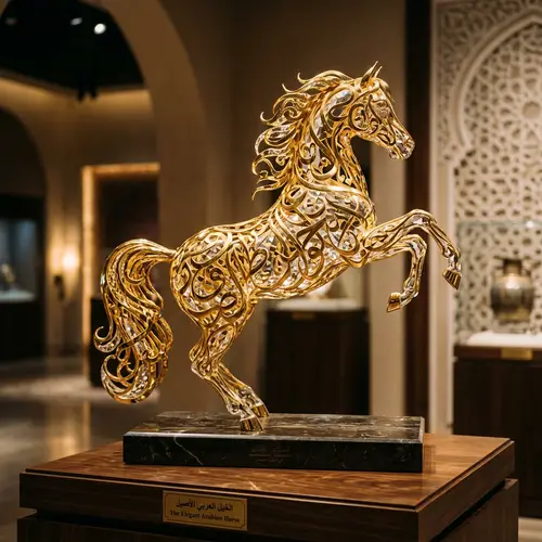 Golden Sculpture Inspired by Arabic Calligraphy | Crystal Arabian Horse