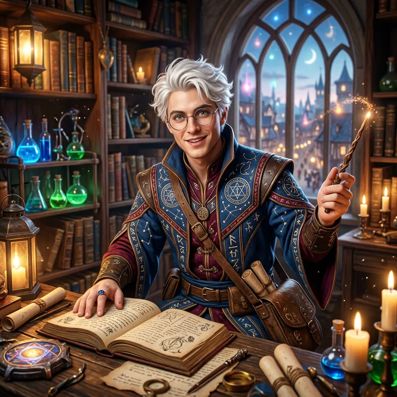 Young Male ENTP Wizard with White Hair and Glasses
