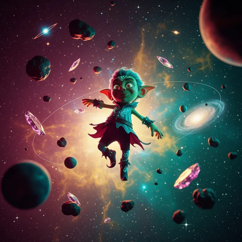 Whimsical Cosmic Scene with Goblino the Goblin