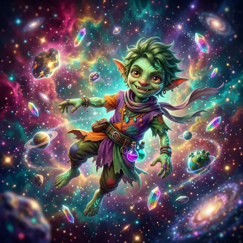 Whimsical Cosmic Scene with Goblino the Goblin