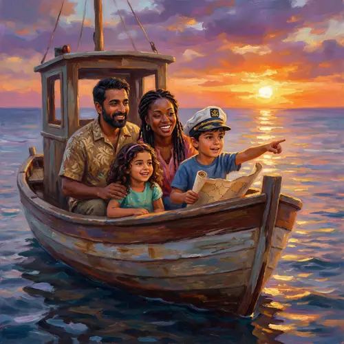 Multicultural Family Boat Scene Painting - Warm and Adventurous Imagery