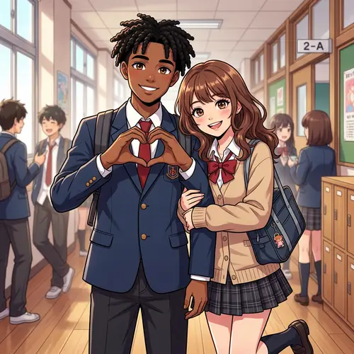 Anime-Style Illustration of Teenagers Expressing Affection